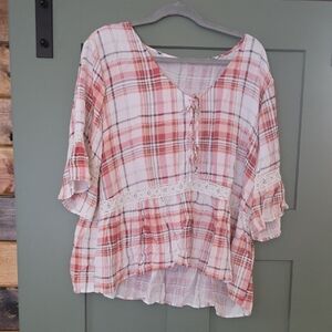Maurices Red and White Plaid Blouse with Lace Detail